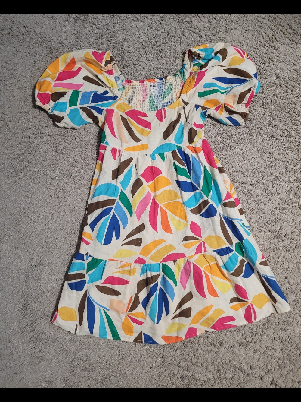 Multicolor Leaf-Print Puff-Sleeve Midi Dress - Cream